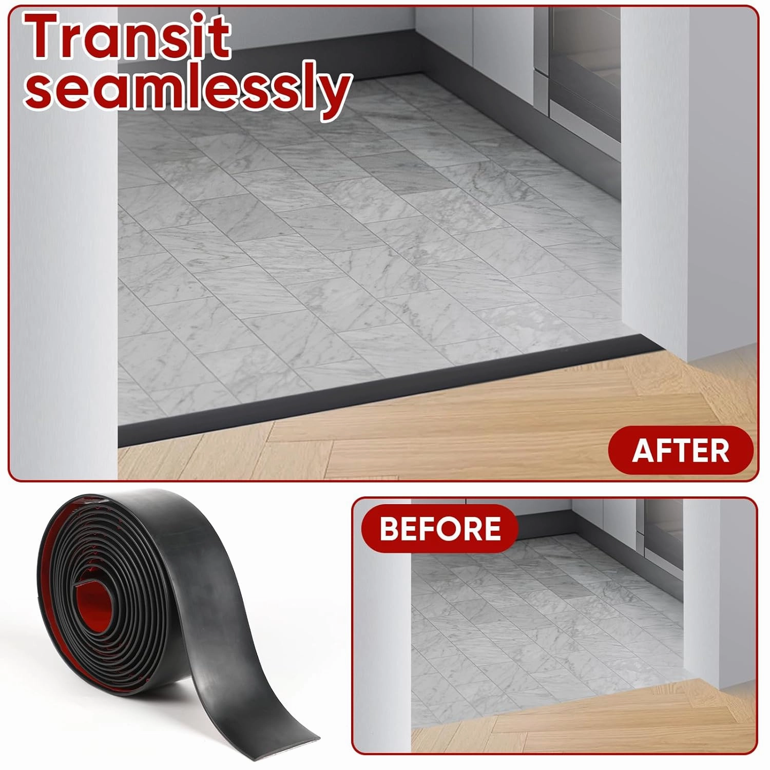 Floor Transition Strip 2" Width Self Adhesive Flat Vinyl Flooring Transitions Strip for Joining Floor Gaps, Carpet Threshold, Doorway Transitions, Threshold Cover, Floor Tiles, 10Ft Length- Black