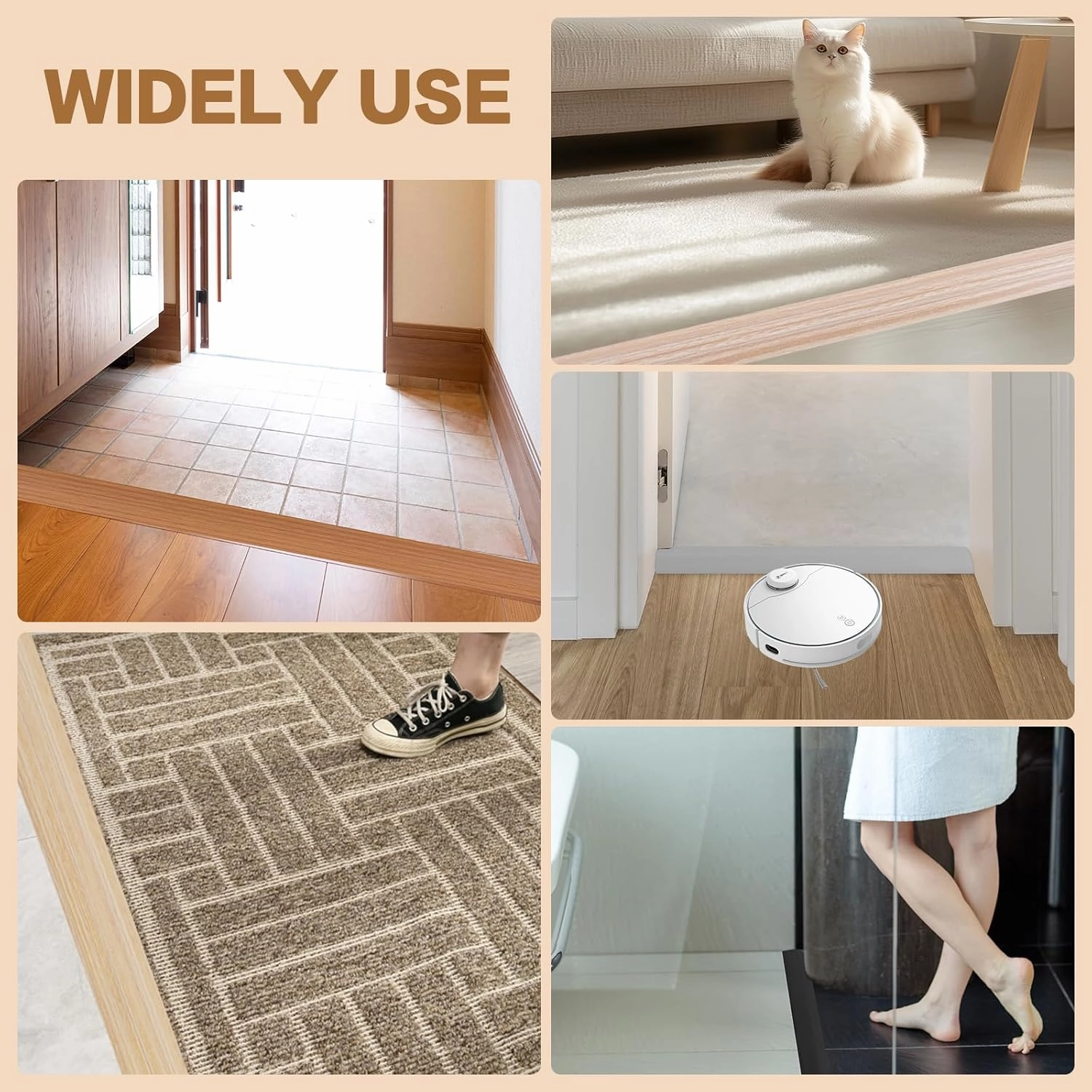 Floor Transition Strip Vinyl Door Threshold Ramp Self Adhesive Carpet Edging Strip Doorway Edge Trim, Overlap Edge Reducer for Laminate Carpet, Floor, Tile (Black, 3/5" to 4/5", 3.3Ft)