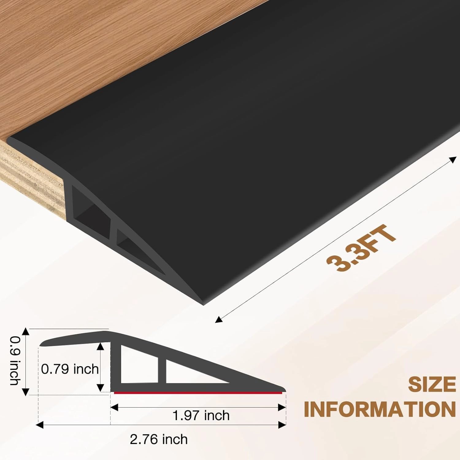 Floor Transition Strip Vinyl Door Threshold Ramp Self Adhesive Carpet Edging Strip Doorway Edge Trim, Overlap Edge Reducer for Laminate Carpet, Floor, Tile (Black, 3/5" to 4/5", 3.3Ft)