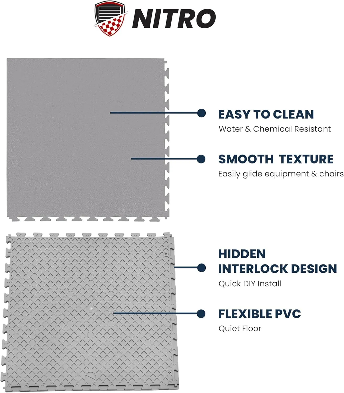 FlooringInc's 4.5mm Flex Nitro Hidden Interlocking Garage Floor Tiles, Flexible PVC Garage Tiles Flooring for a Stronger & Safer Garage, Workshop or Shed, Smooth, Light Gray, 4 Tiles (20.5"x20.5")