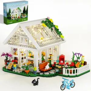 Flower House Building Set with LED Light, Garden House Fountain Countyard Buiding Toy with Flowers Potted & Cat Playset, Greenhouse Model Xmas Decor Gifts for Adults Friends Girls 6 