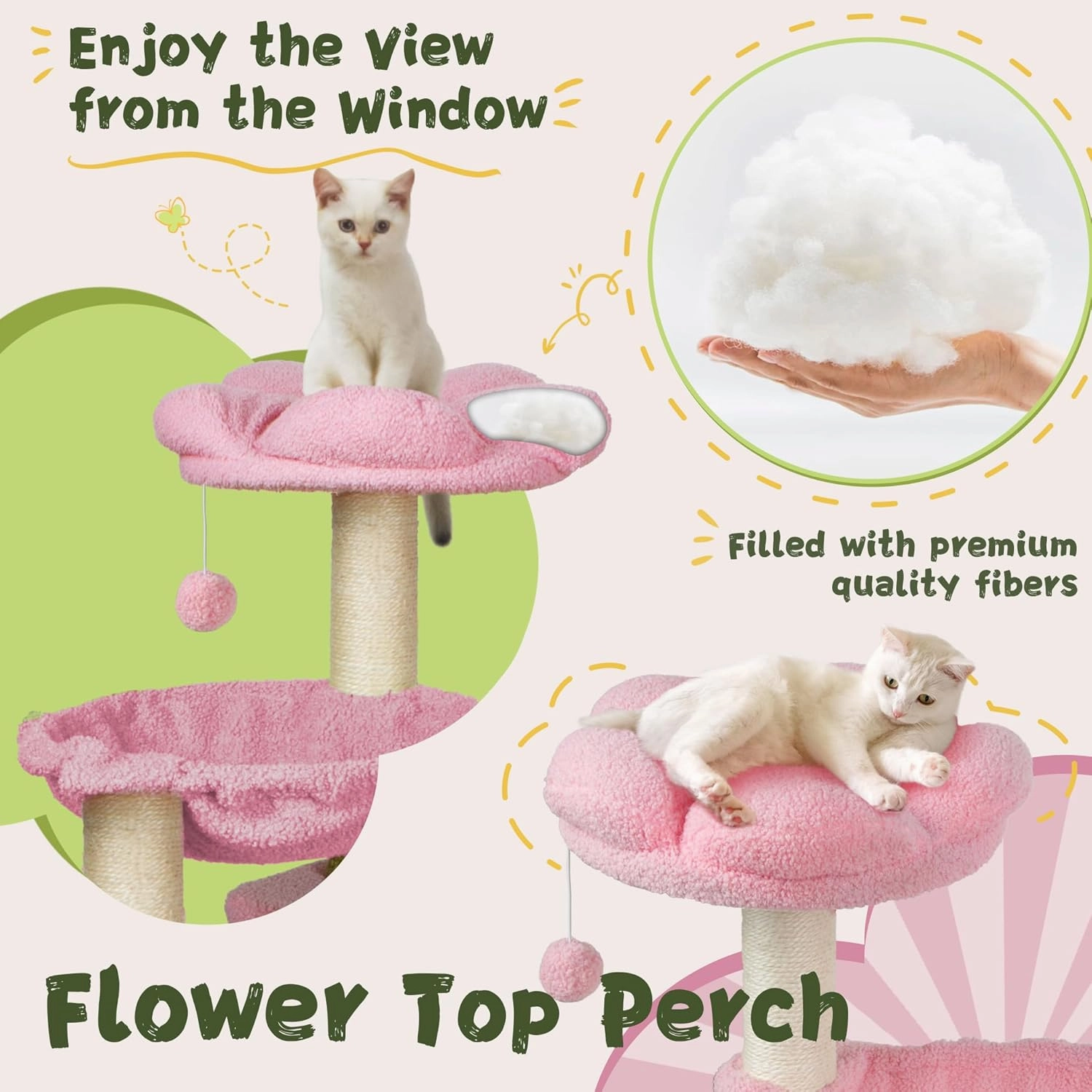Flower Cat Tree, 39.4 Inches Large Cat Tower with Hammock and Cat Condo, Tall Cat Tree with Toys for Large Indoor Cats - Pink