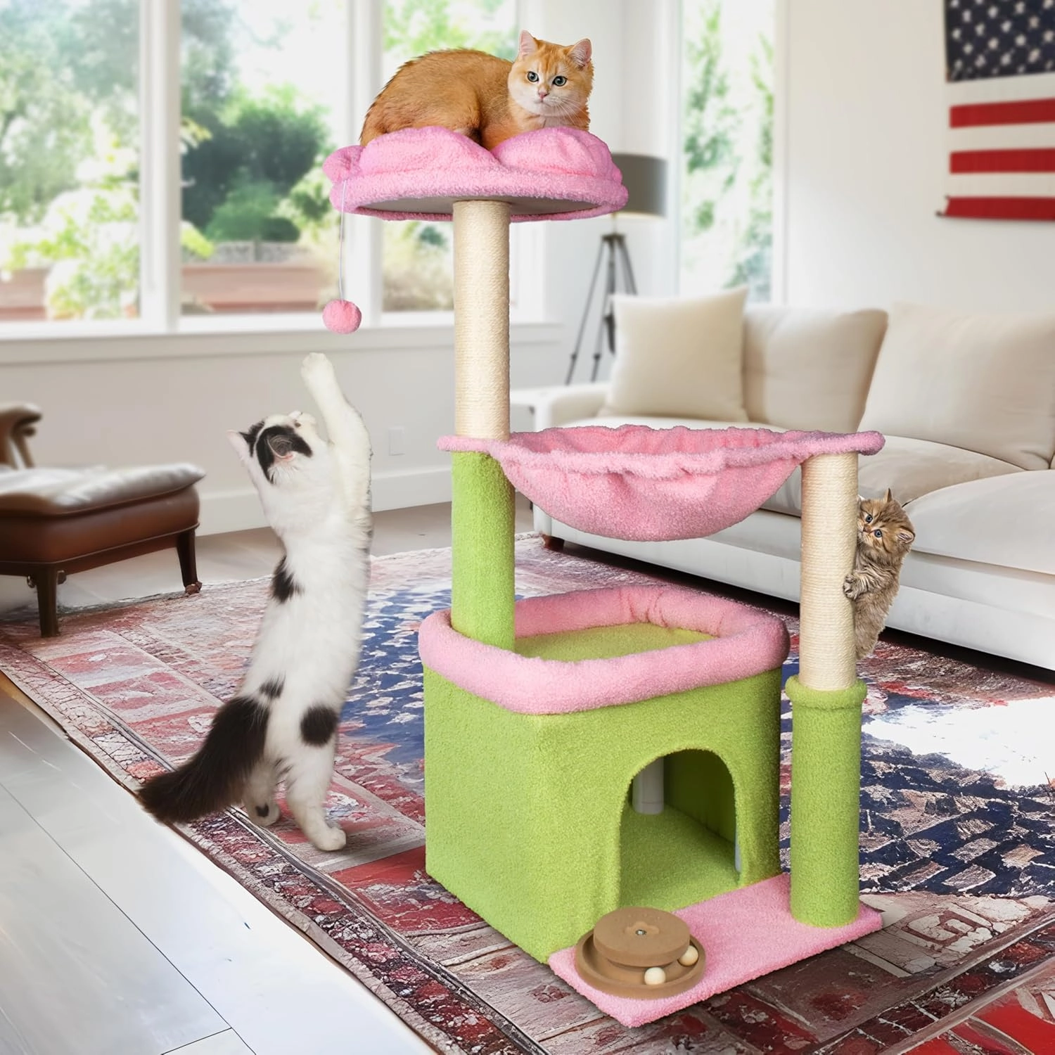 Flower Cat Tree, 39.4 Inches Large Cat Tower with Hammock and Cat Condo, Tall Cat Tree with Toys for Large Indoor Cats - Pink