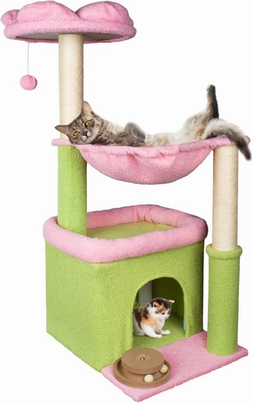 Flower Cat Tree, 39.4 Inches Large Cat Tower with Hammock and Cat Condo, Tall Cat Tree with Toys for Large Indoor Cats - Pink