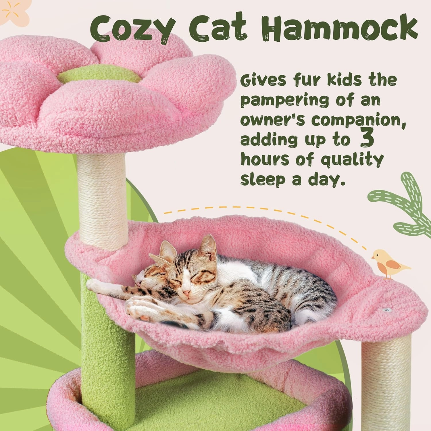 Flower Cat Tree, 39.4 Inches Large Cat Tower with Hammock and Cat Condo, Tall Cat Tree with Toys for Large Indoor Cats - Pink