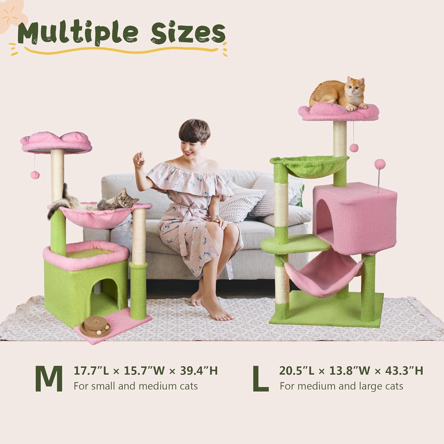 Flower Cat Tree, 39.4 Inches Large Cat Tower with Hammock and Cat Condo, Tall Cat Tree with Toys for Large Indoor Cats - Pink