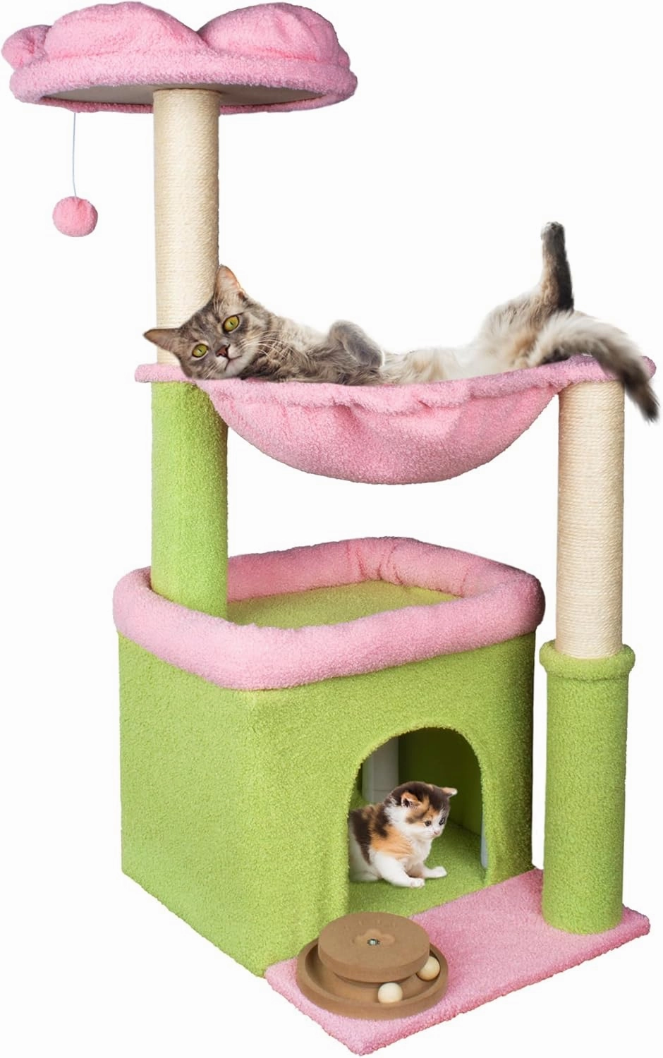 Flower Cat Tree, 39.4 Inches Large Cat Tower with Hammock and Cat Condo, Tall Cat Tree with Toys for Large Indoor Cats - Pink