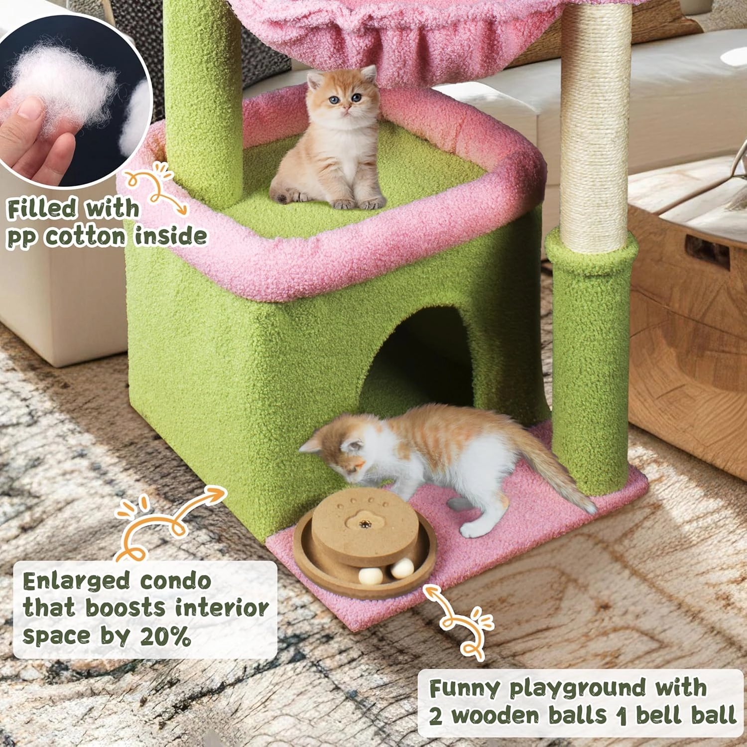 Flower Cat Tree, 39.4 Inches Large Cat Tower with Hammock and Cat Condo, Tall Cat Tree with Toys for Large Indoor Cats - Pink