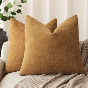Foindtower Set of 2 Soft Textured Chenille Throw Decorative Pillow Covers Square Accent Solid Cushion Cover Neutral Farmhouse Pillow Case for Couch Sofa Bedroom Living Room 18x18 Inch,Golden Brown