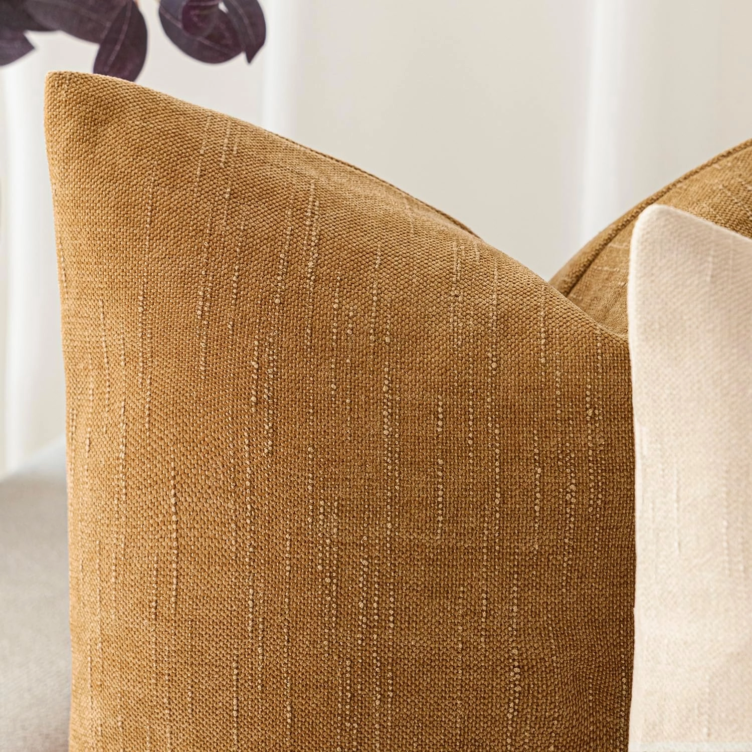 Foindtower Set of 2 Soft Textured Chenille Throw Decorative Pillow Covers Square Accent Solid Cushion Cover Neutral Farmhouse Pillow Case for Couch Sofa Bedroom Living Room 18x18 Inch,Golden Brown