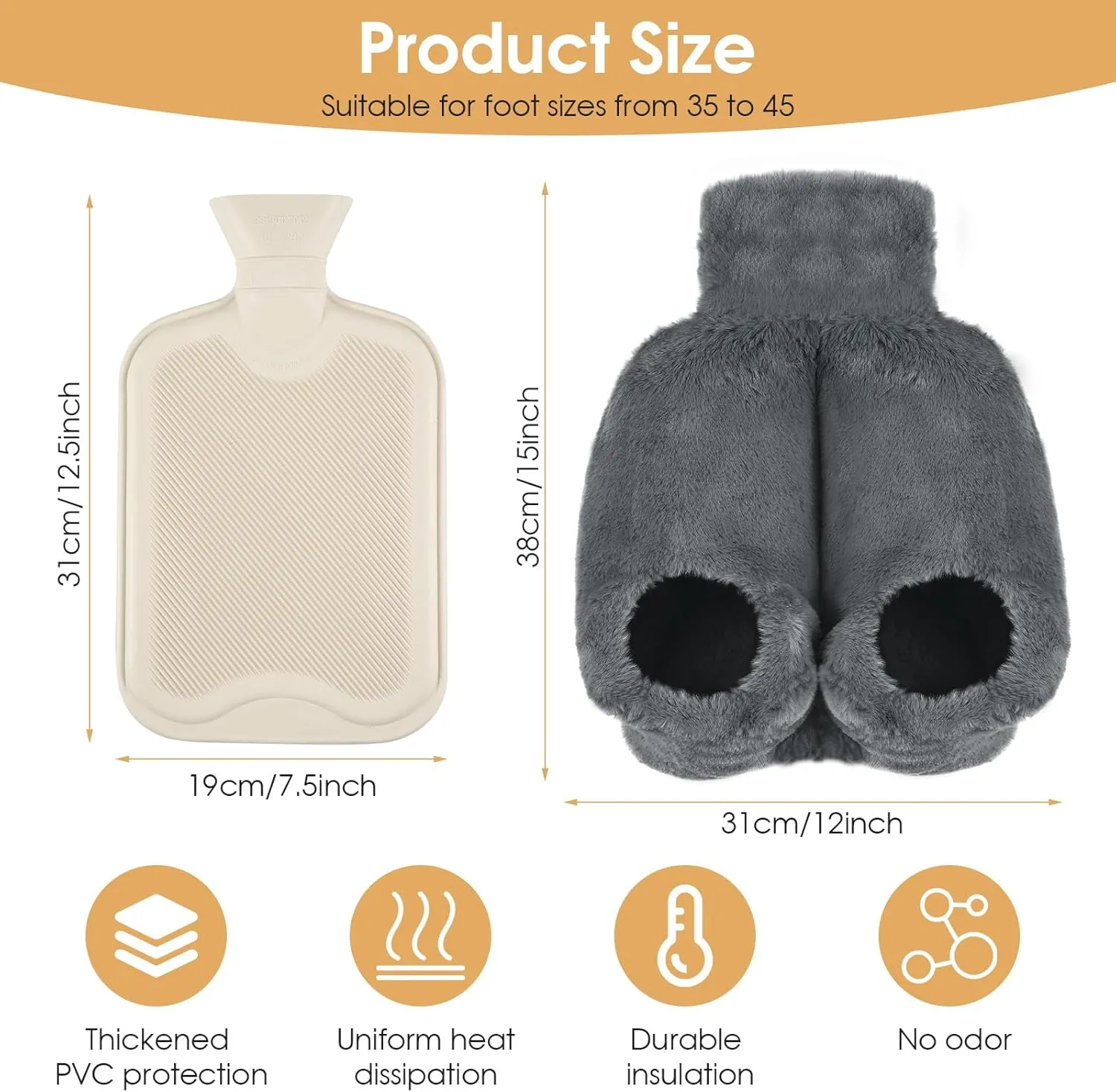 Foot Warmer,2L Heated Feet Warmer with Removeable & Washable Plush Cover Warm in Winter,Heated Feet Warmers for Feet Pain Relief,Natural Rubber for Women and Men,Size 35 to 45 (Dark Grey with Heel)