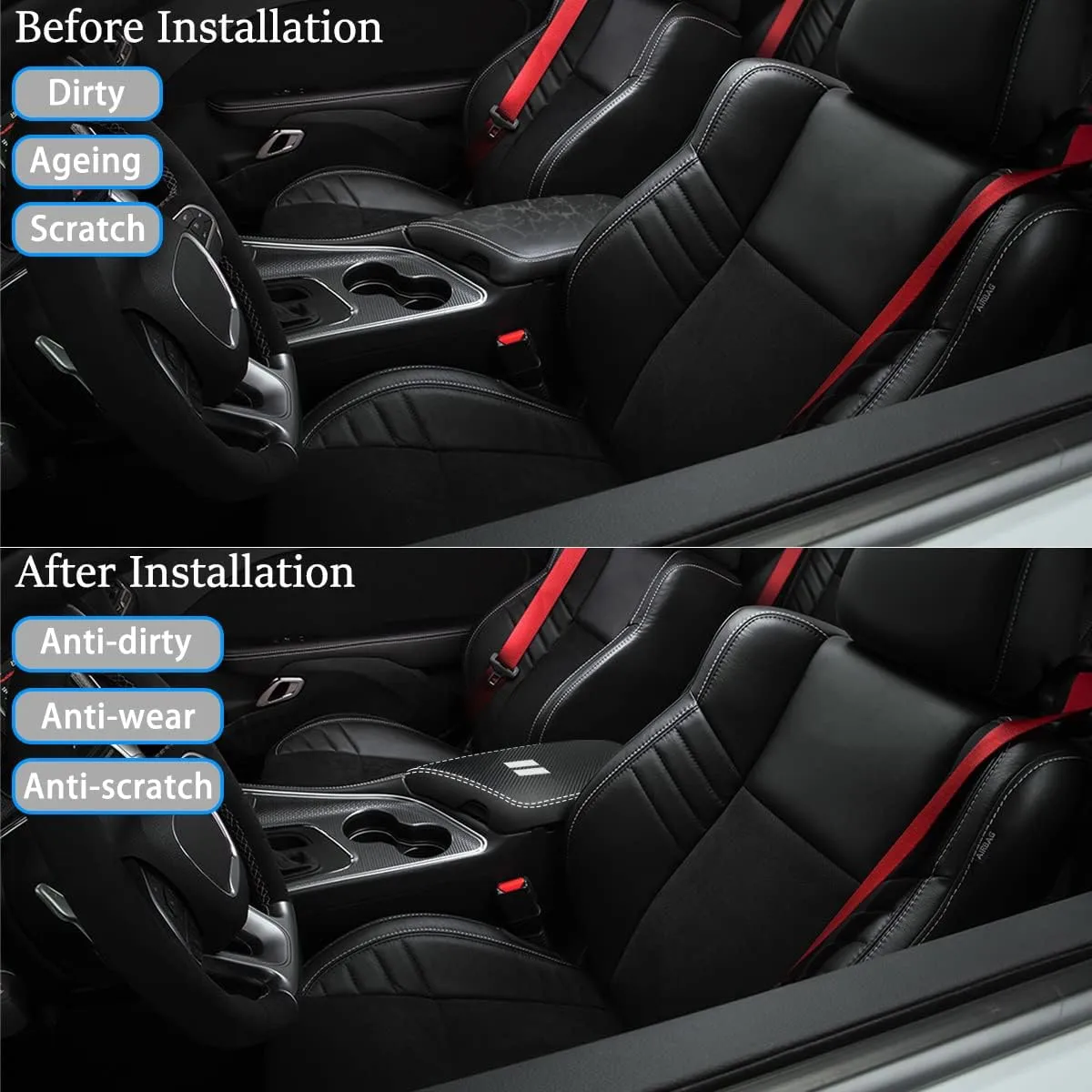 for Dodge Challenger 2015-2023 Car Armrest Cover Waterproof Center Console Pad Covers Scratch Resistance Box Cover Leather Protector Pad Decoration Accessories(Carbon Fiber   Black)
