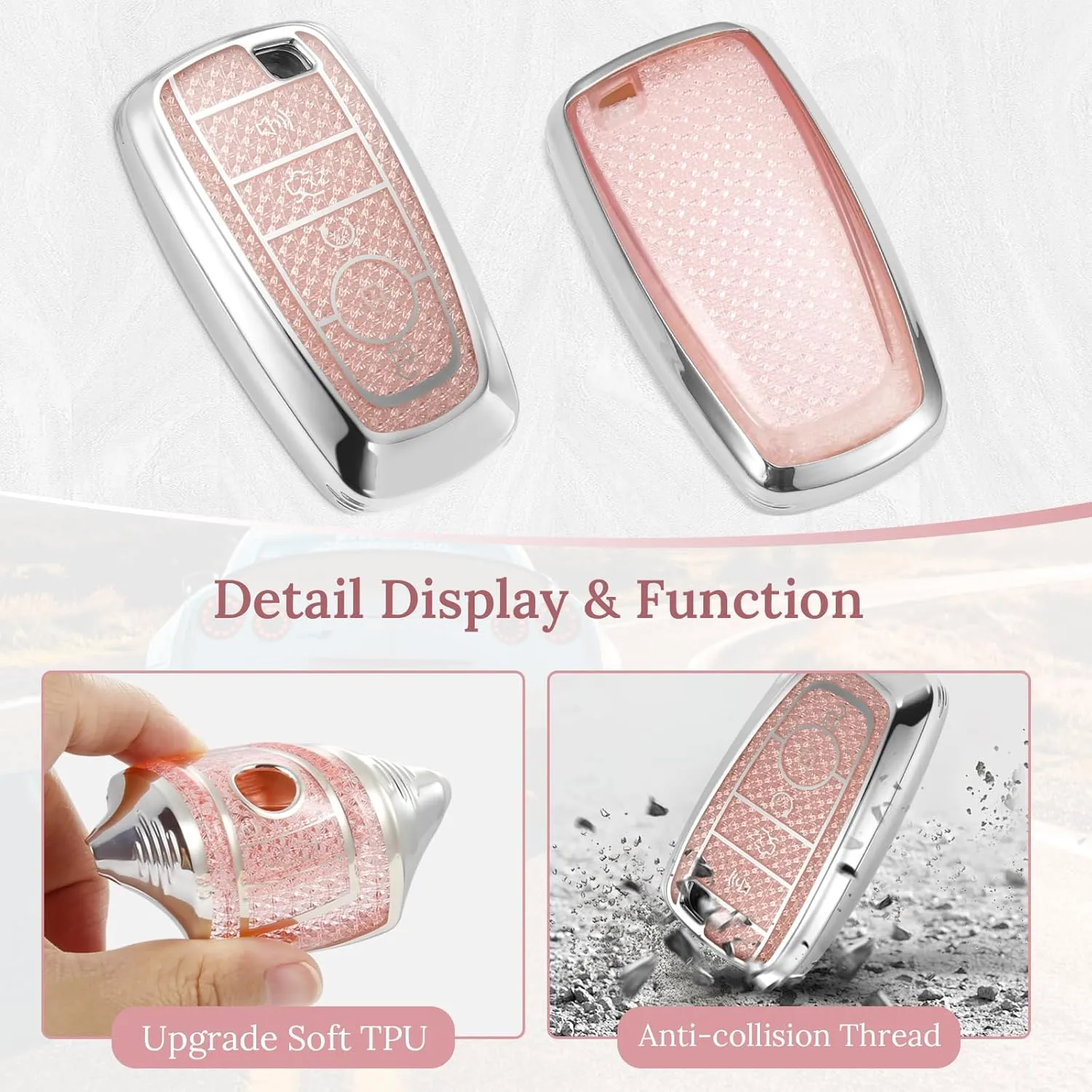 for Ford Key Fob Cover with Fashion Braided Keychain, Enchanting Diamond Patterns Soft Case for Exquisite Soft Case for Edge Explorer F150-550 Fusion Mustang (Pink, B)
