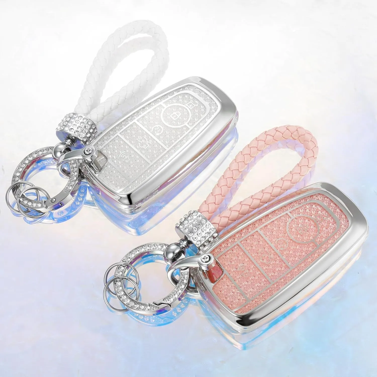 for Ford Key Fob Cover with Fashion Braided Keychain, Enchanting Diamond Patterns Soft Case for Exquisite Soft Case for Edge Explorer F150-550 Fusion Mustang (Pink, B)