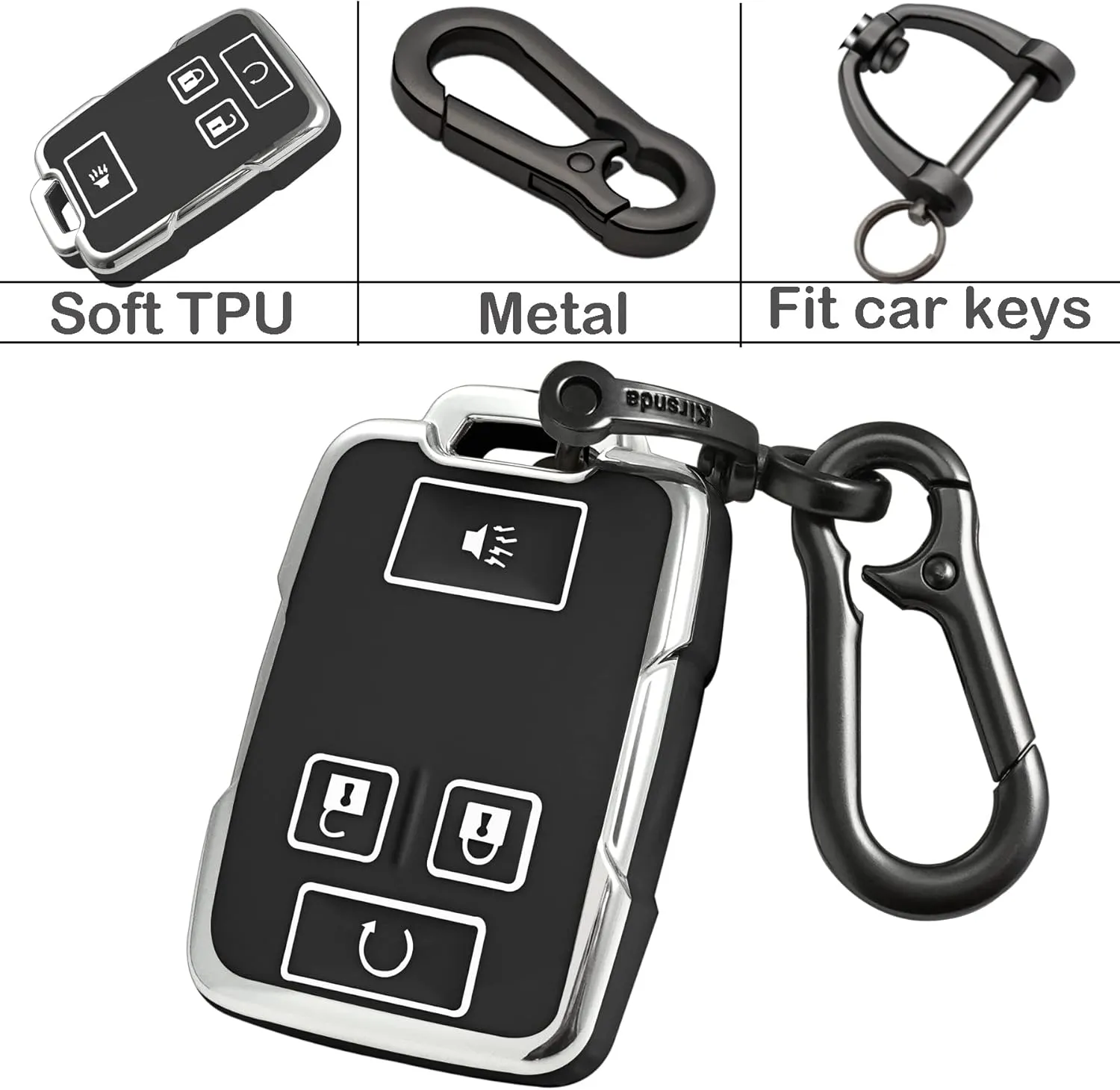 for GMC key fob cover case with Metal buckle,Soft TPU key Shell/skin,4-Buttons fit chevy Colorado Silverado Suburban Tahoe Silverado Remote Key Vehicle Accessories(black silver)