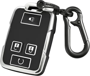 for GMC key fob cover case with Metal buckle,Soft TPU key Shell/skin,4-Buttons fit chevy Colorado Silverado Suburban Tahoe Silverado Remote Key Vehicle Accessories(black silver)