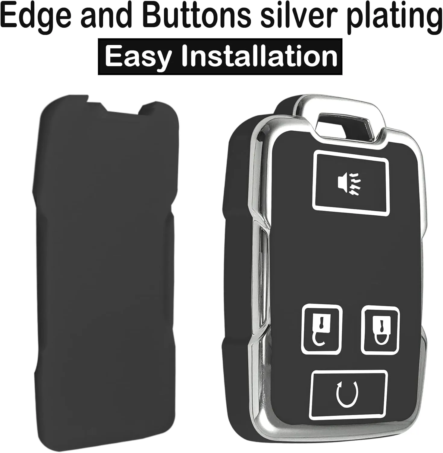 for GMC key fob cover case with Metal buckle,Soft TPU key Shell/skin,4-Buttons fit chevy Colorado Silverado Suburban Tahoe Silverado Remote Key Vehicle Accessories(black silver)