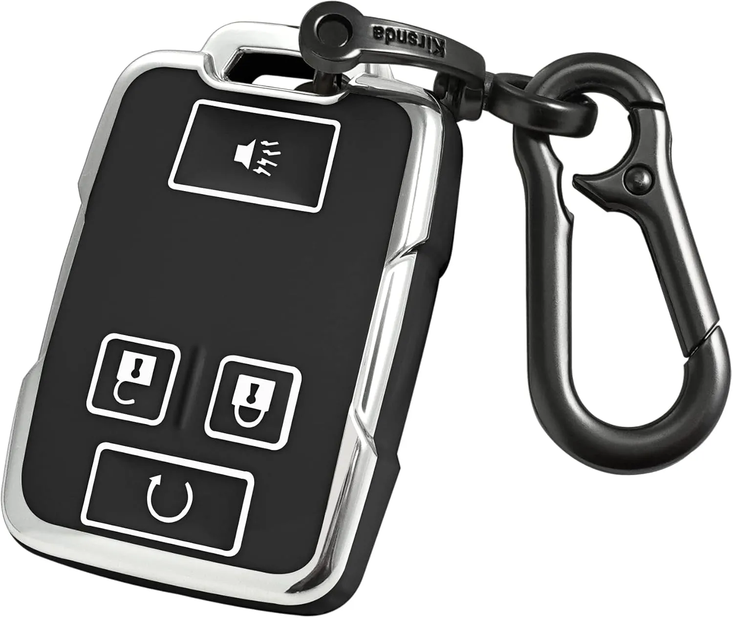 for GMC key fob cover case with Metal buckle,Soft TPU key Shell/skin,4-Buttons fit chevy Colorado Silverado Suburban Tahoe Silverado Remote Key Vehicle Accessories(black silver)