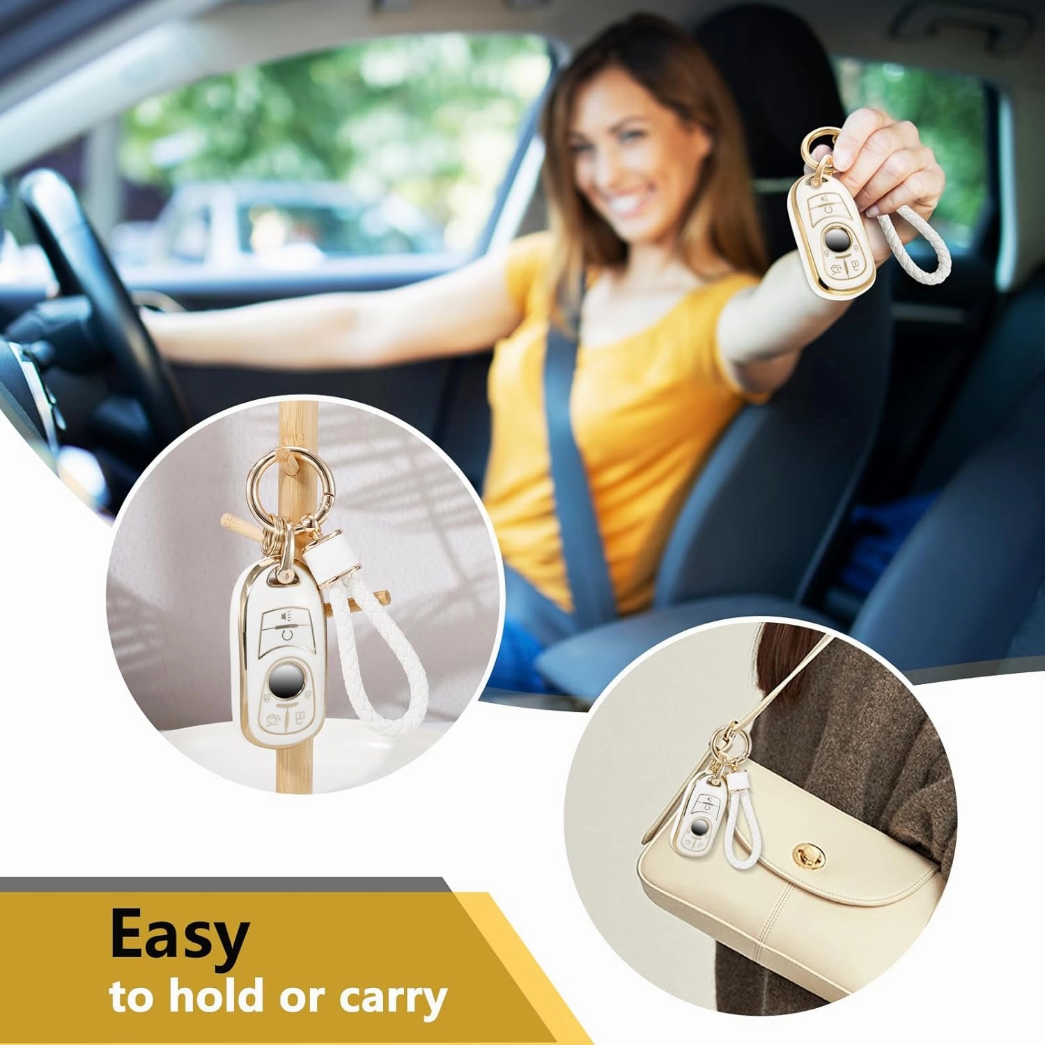 for Buick Key Fob Cover with Metal Braided Rope Keychain, Upgraded Soft Case for Enclave Encore GX Envision LaCrosse Regal Tourx (6 buttons) Fob Shell (Gold Edge,A1)