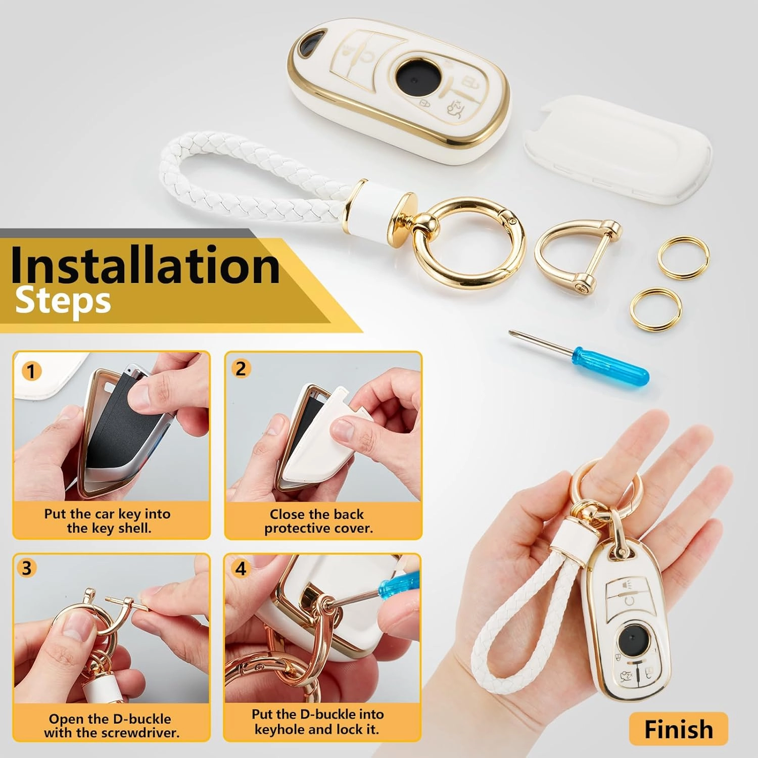 for Buick Key Fob Cover with Metal Braided Rope Keychain, Upgraded Soft Case for Enclave Encore GX Envision LaCrosse Regal Tourx (6 buttons) Fob Shell (Gold Edge,A1)