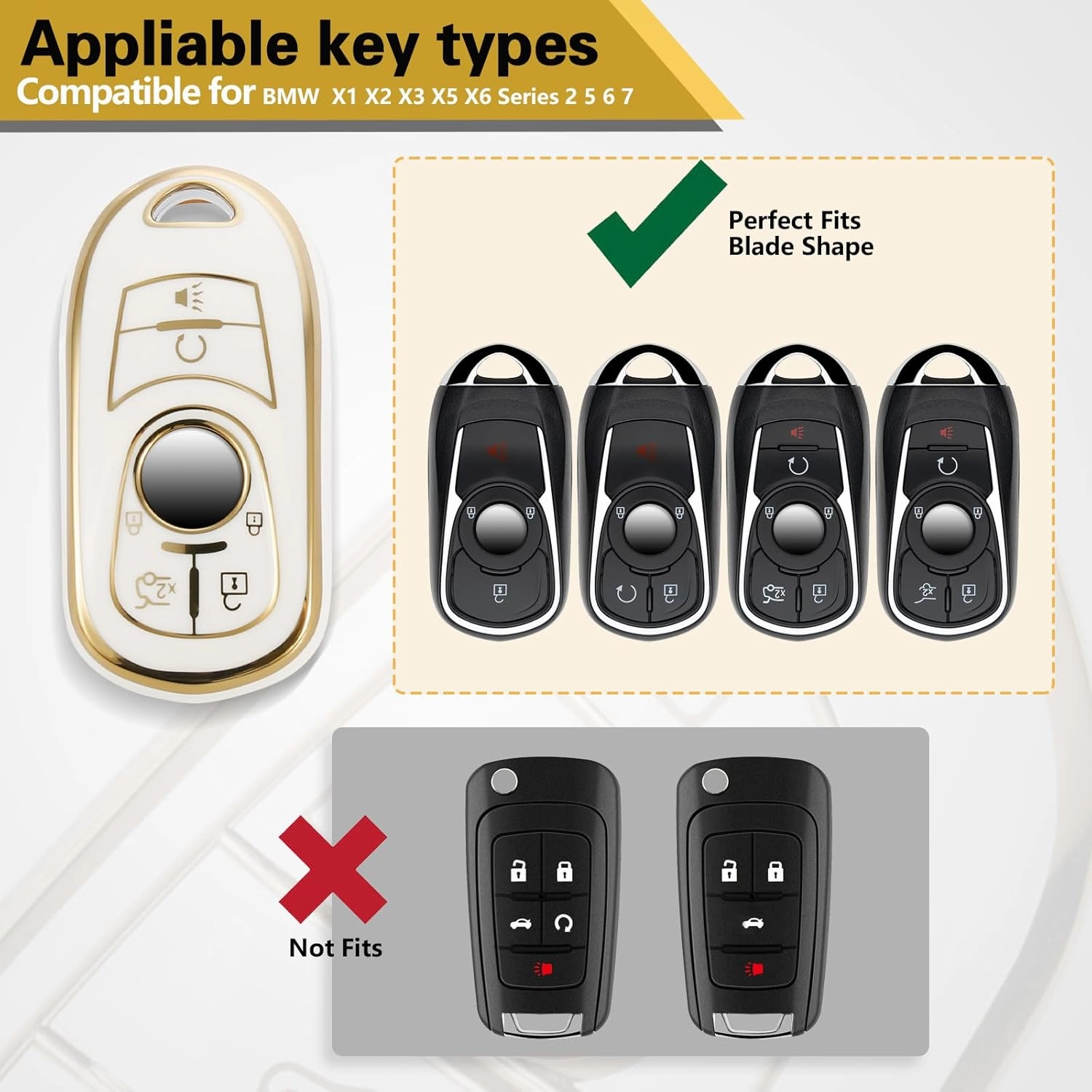 for Buick Key Fob Cover with Metal Braided Rope Keychain, Upgraded Soft Case for Enclave Encore GX Envision LaCrosse Regal Tourx (6 buttons) Fob Shell (Gold Edge,A1)