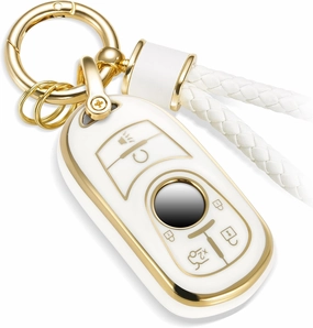 for Buick Key Fob Cover with Metal Braided Rope Keychain, Upgraded Soft Case for Enclave Encore GX Envision LaCrosse Regal Tourx (6 buttons) Fob Shell (Gold Edge,A1)