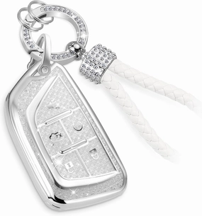 for Cadillac Key Fob Cover with Fashion Braided Keychain,Enchanting Diamond Patterns Soft Case for Escalade ATS XT4/5/6 XTS CT5/6 ESV(White, B)