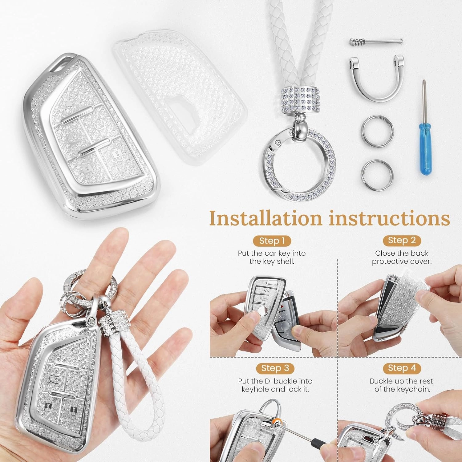 for Cadillac Key Fob Cover with Fashion Braided Keychain,Enchanting Diamond Patterns Soft Case for Escalade ATS XT4/5/6 XTS CT5/6 ESV(White, B)