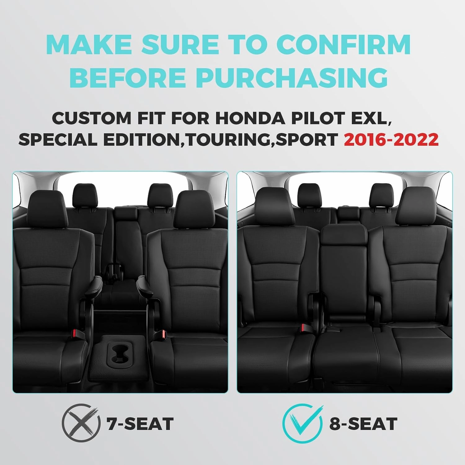 for Honda Pilot Seat Covers - Full Set Custom Car Seat Protectors Fit Pilot EX-L, Special Edition, Touring, Sport 2016 2017 2018 2019 2020 2021 2022-8 Seats,Faux Leather, Black