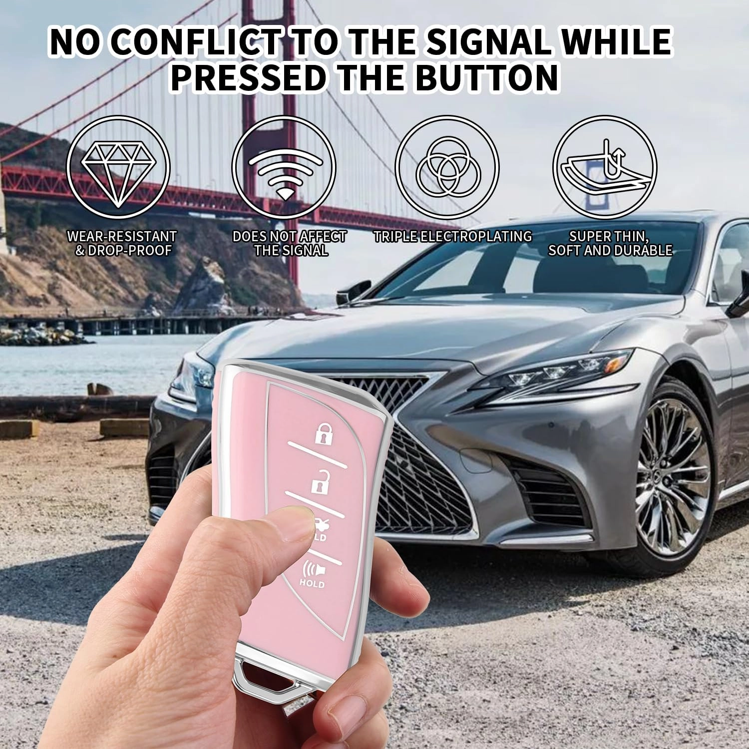 For Lexus Key Fob Cover Fit for 4 Buttons TPU Full Cover for Lexus ES350 ES300h UX200 LS500 LS500H LC500 LC500h (Pink)