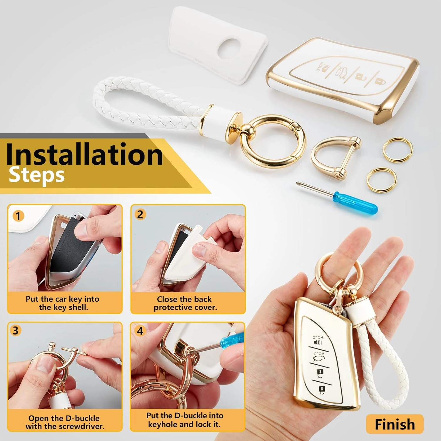 for Lexus Key Fob Cover with Metal Braided Rope Keychain, Upgraded Soft Case for ES LC LS (2018-2022), GX UX (2019-2022), NX/RC (2022) (4 buttons) Fob Shell (Gold, B1)