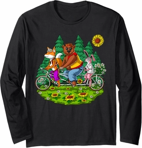 Forest Animals Riding Bicycle Funny Rabbit Fox Bear Long Sleeve T-Shirt