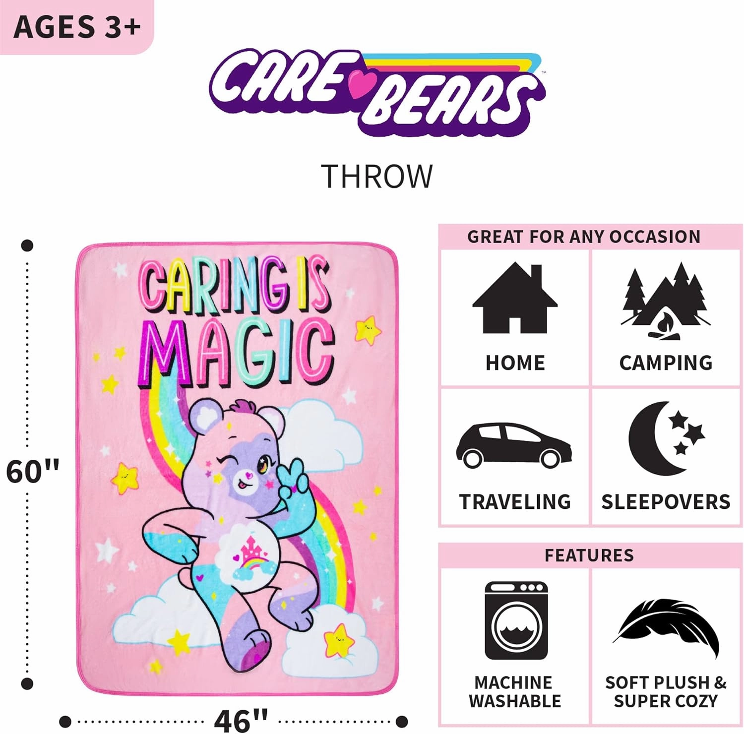 Franco Kids Bedding Super Soft Micro Raschel Throw, 46 in x 60 in, Care Bears