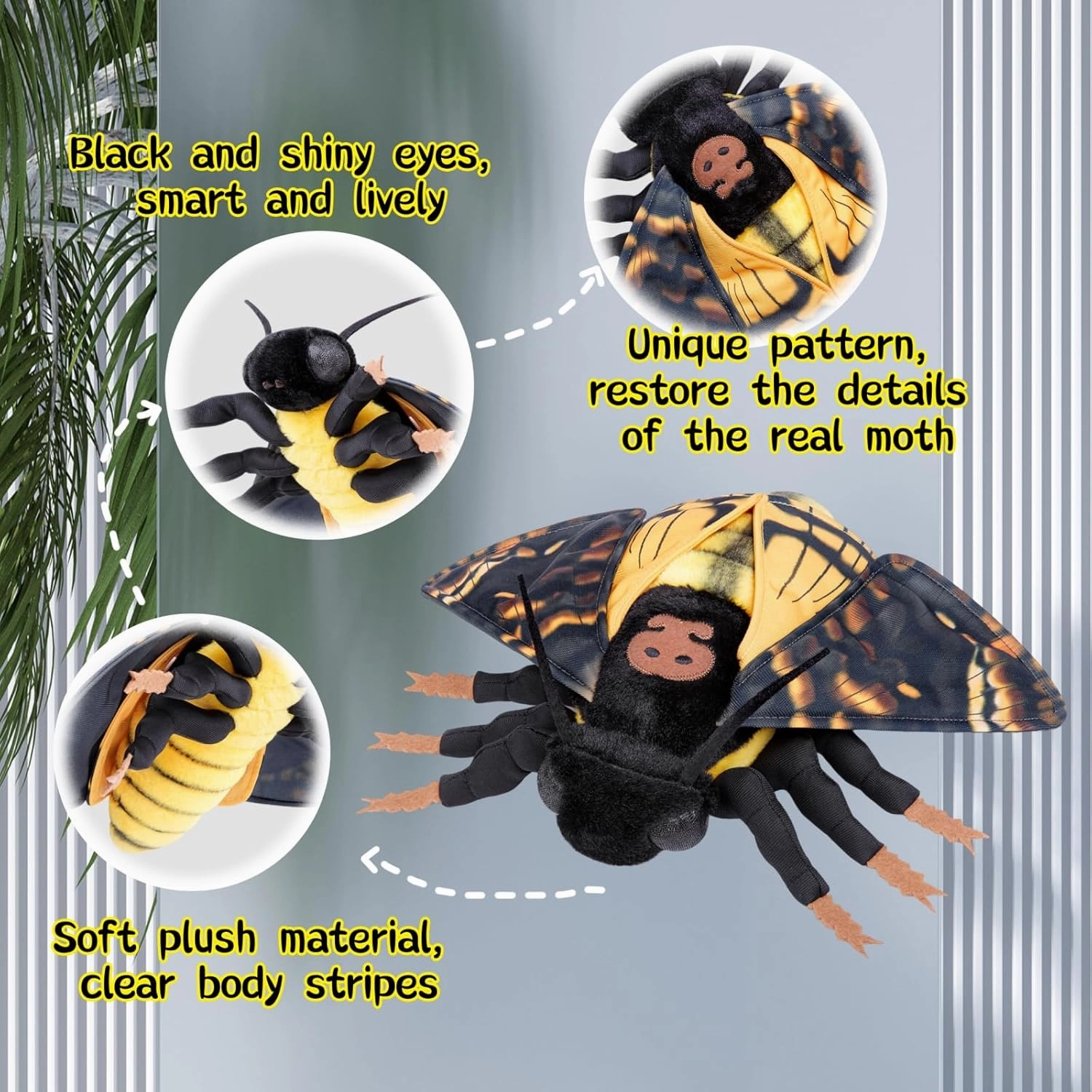 FRANKIEZHOU Simulation Deaths Head Hawk Moth Stuffed Animal-Yellow 25",Lifelike Death's-Head Hawkmoth Plush Toy, Moth Toy,Gifts for Kids,Home Decor