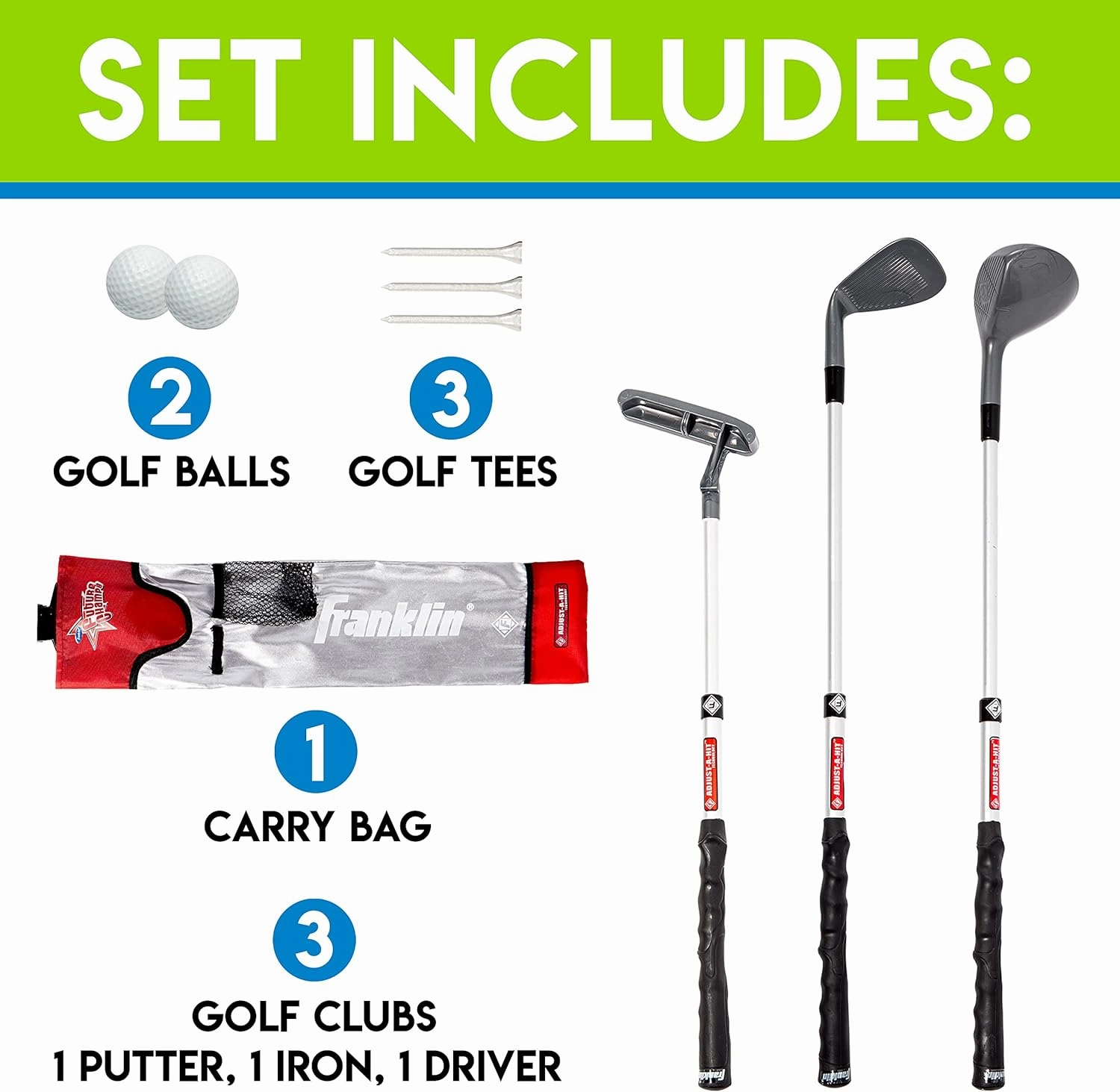 Franklin Sports Kids Golf Set - Youth Adjustable Plastic Golf Club Set - Kids Plastic Golf Set with Bag and Balls - Adjustable Length Clubs for Toddlers, Junior, Right hand, Red