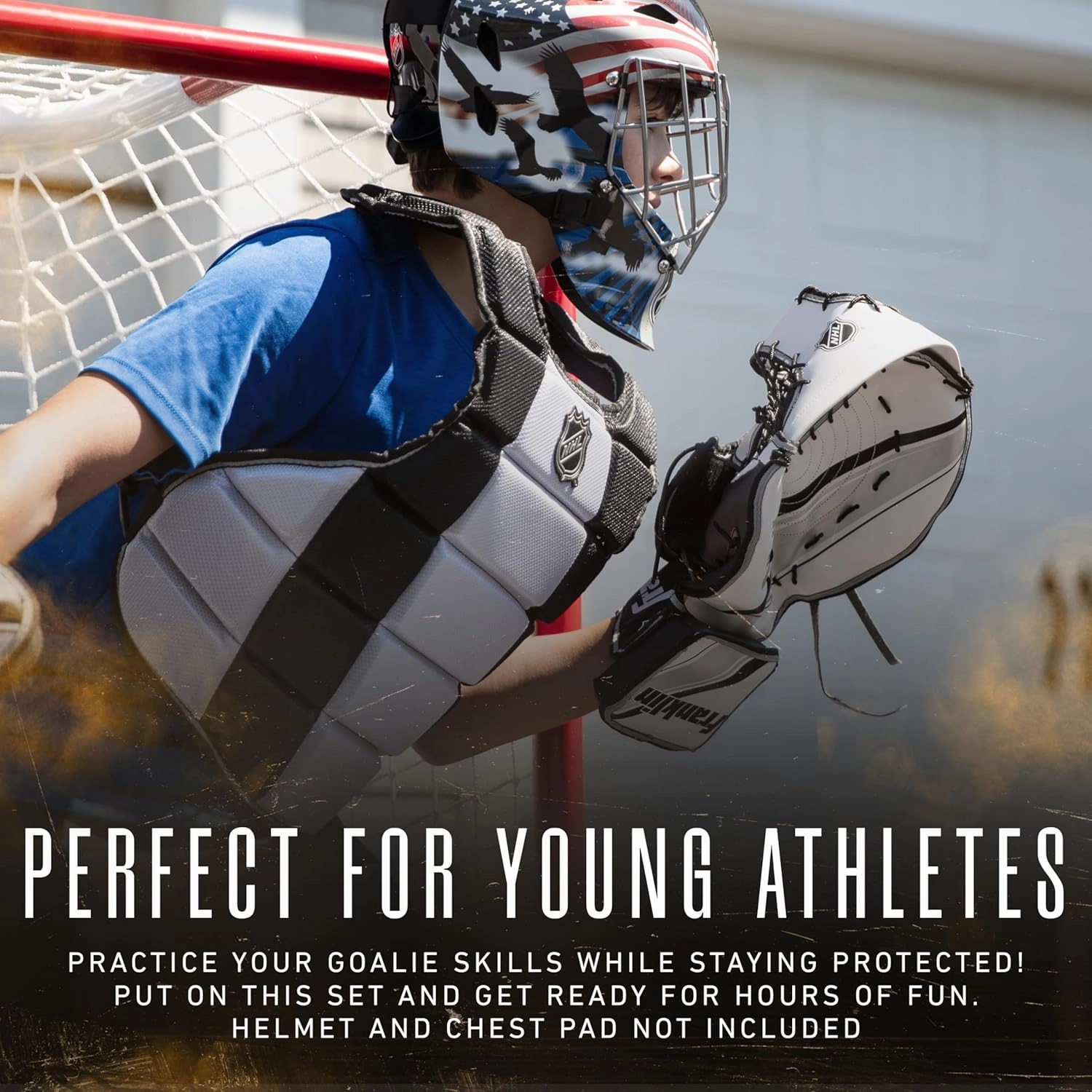Franklin Sports NHL Kids Street Hockey Goalie Pads Set - Kids Hockey Training Equipment - Includes Block Pad, Catch Glove, and Goalie Pads