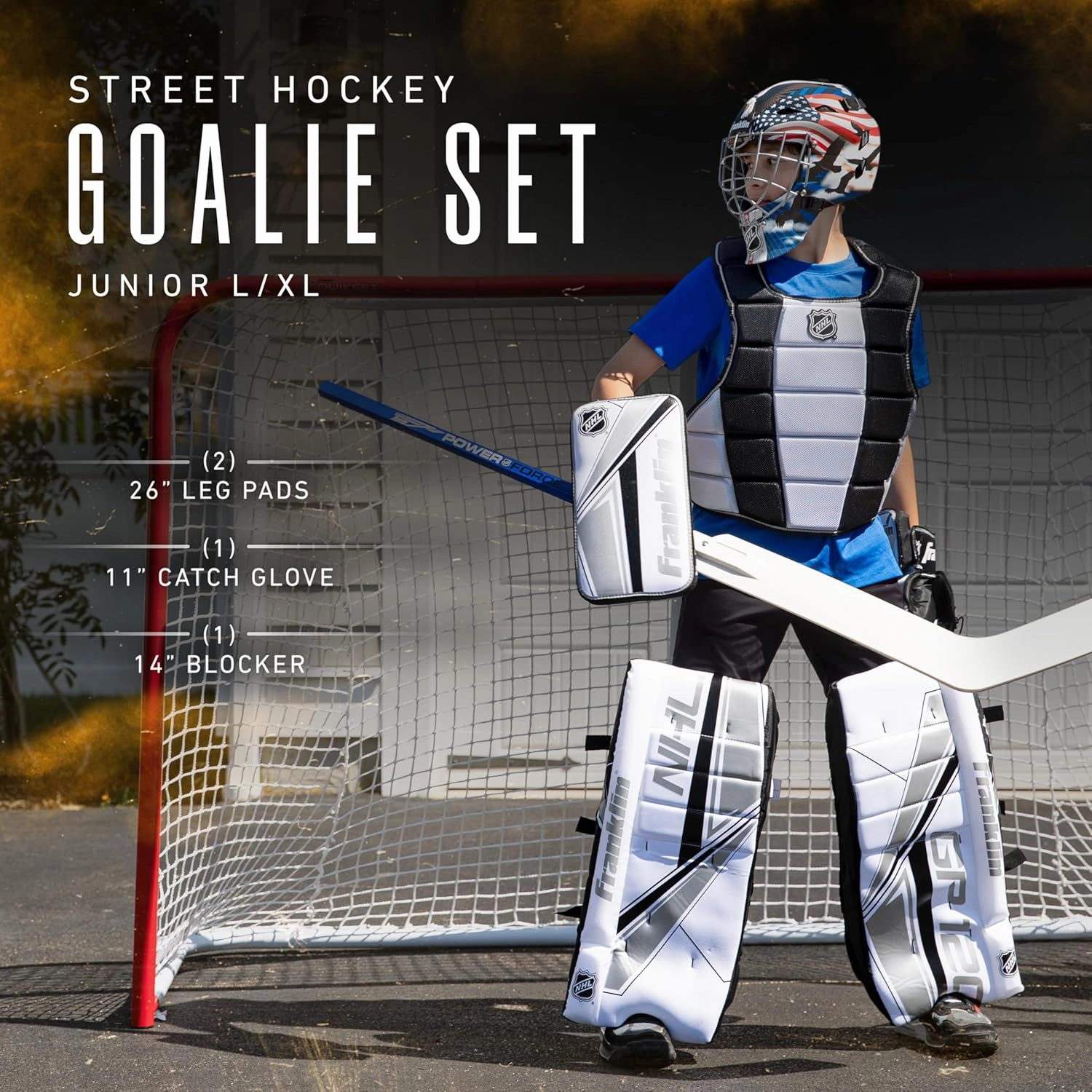 Franklin Sports NHL Kids Street Hockey Goalie Pads Set - Kids Hockey Training Equipment - Includes Block Pad, Catch Glove, and Goalie Pads