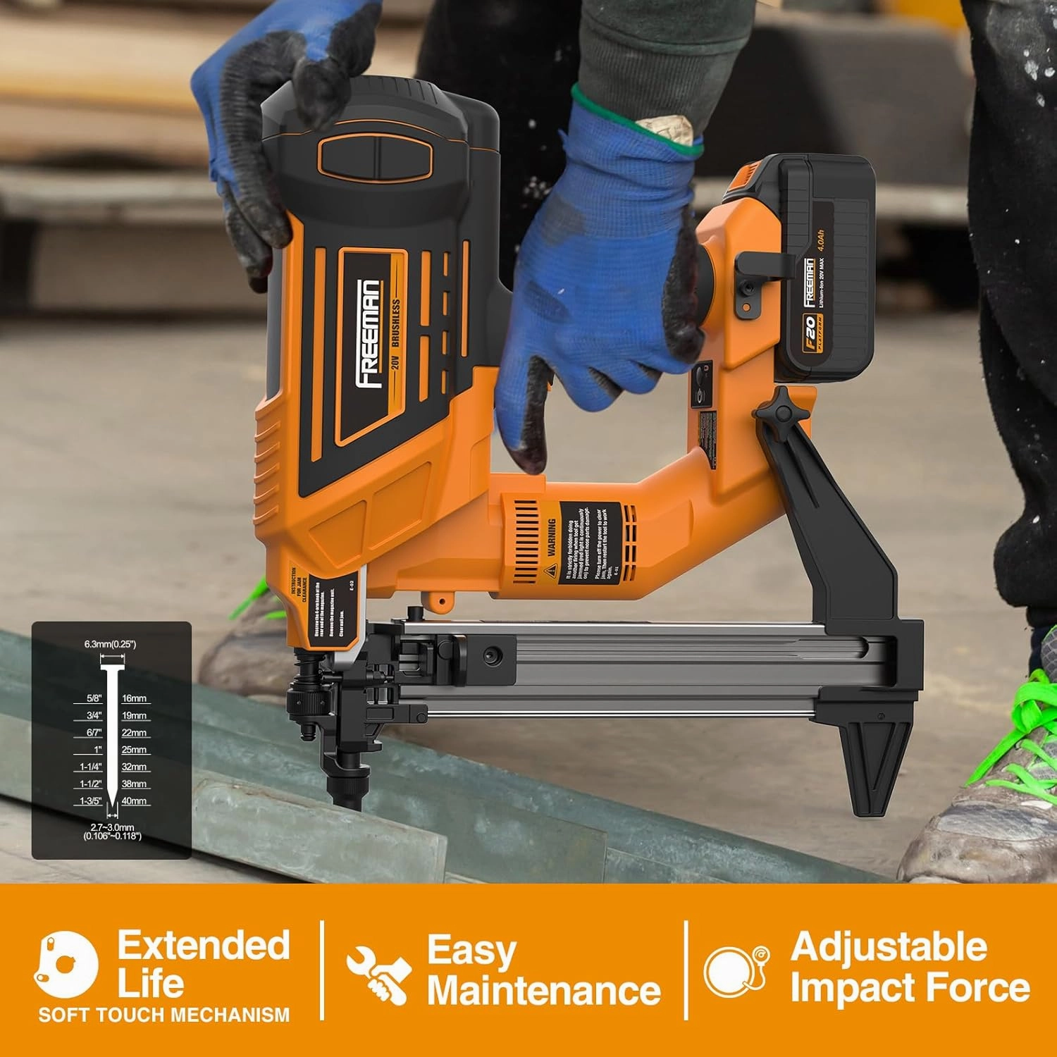 Freeman PE20VCSPN40 20 Volt Cordless and Brushless 1-1/2" Concrete Nailer Kit with Lithium Ion Battery, Charger, and Case – 750 Shots per Charge