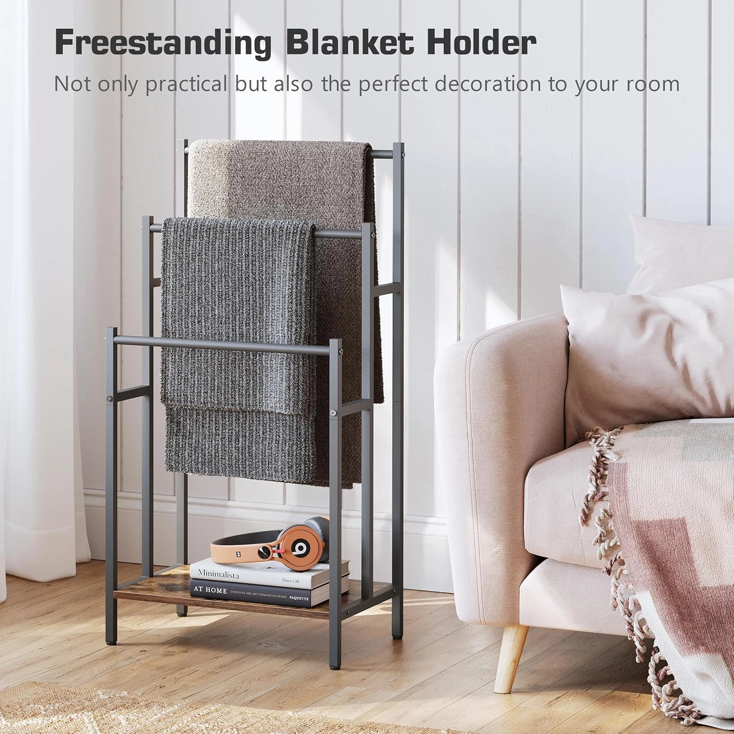 Freestanding Towel Rack Stand for Bathroom, 3 Tier Blanket Ladder Holder, Towel Drying and Display Rack with Shelf, Metal Blanket Rack, Farmhouse Rustic Brown and Black