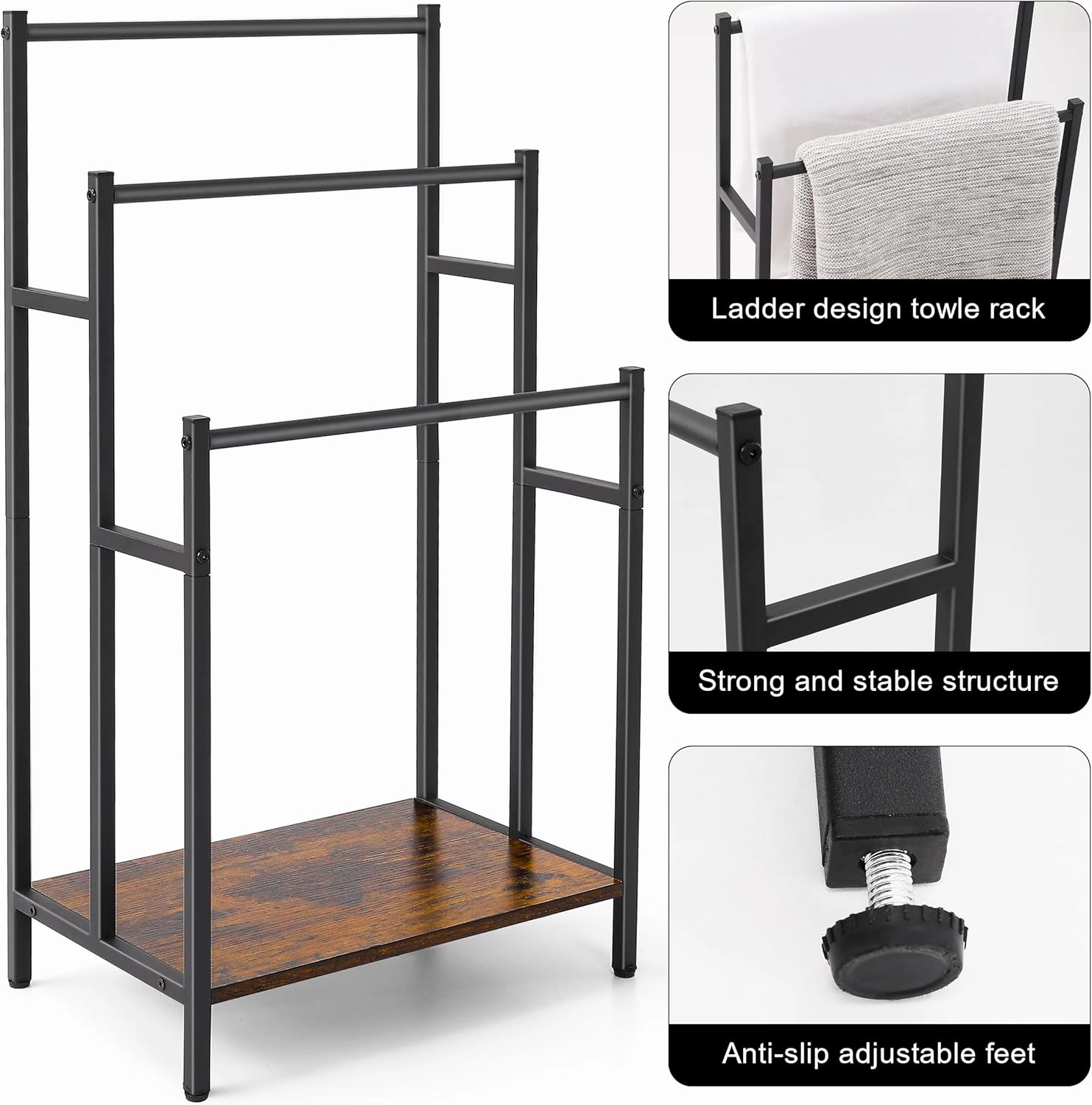 Freestanding Towel Rack Stand for Bathroom, 3 Tier Blanket Ladder Holder, Towel Drying and Display Rack with Shelf, Metal Blanket Rack, Farmhouse Rustic Brown and Black
