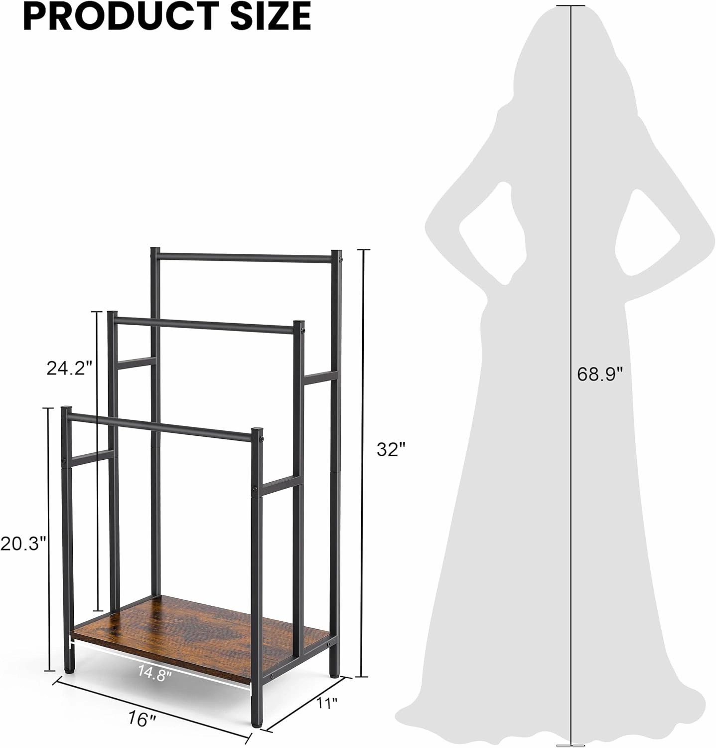 Freestanding Towel Rack Stand for Bathroom, 3 Tier Blanket Ladder Holder, Towel Drying and Display Rack with Shelf, Metal Blanket Rack, Farmhouse Rustic Brown and Black