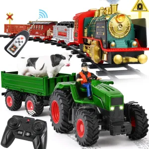 FRUSE Remote Control Train&Tractor Set,RC Tractor Set w/ 2 Rechargeable Batteries,Light,Cows,Sheep,RC Train w/Smokes,Lights & Sound, for 3   Year Old Kids