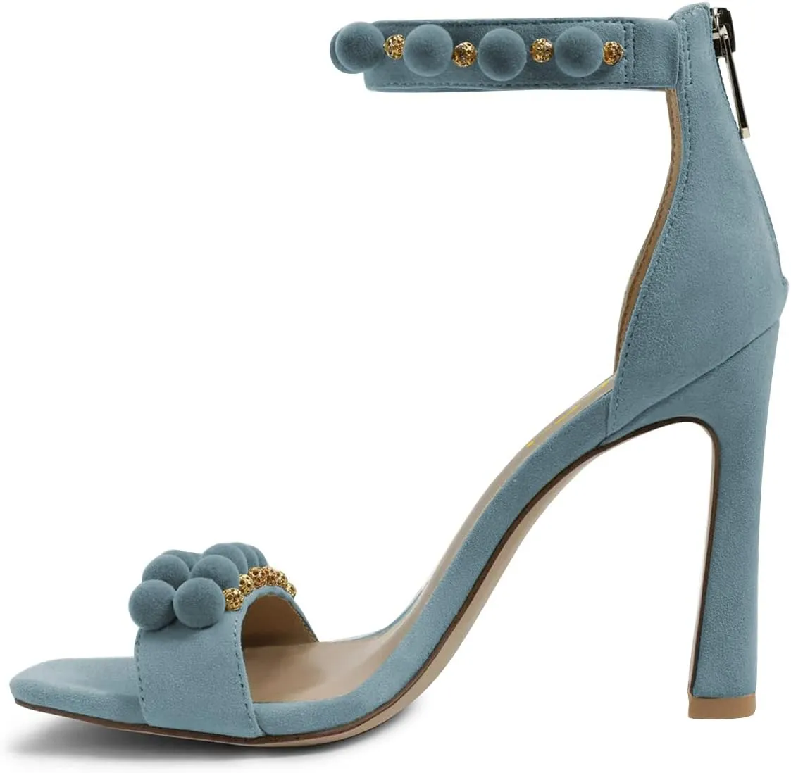 FSJ Women Cute Hair Ball Ankle Strap Sandals Open Toe Chunky High Heels Back Zip Daily Party Dress Shoes Size 4-15 US