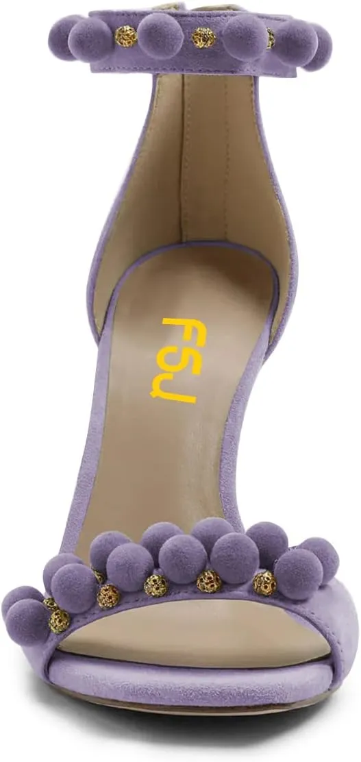 FSJ Women Cute Hair Ball Ankle Strap Sandals Open Toe Chunky High Heels Back Zip Daily Party Dress Shoes Size 4-15 US