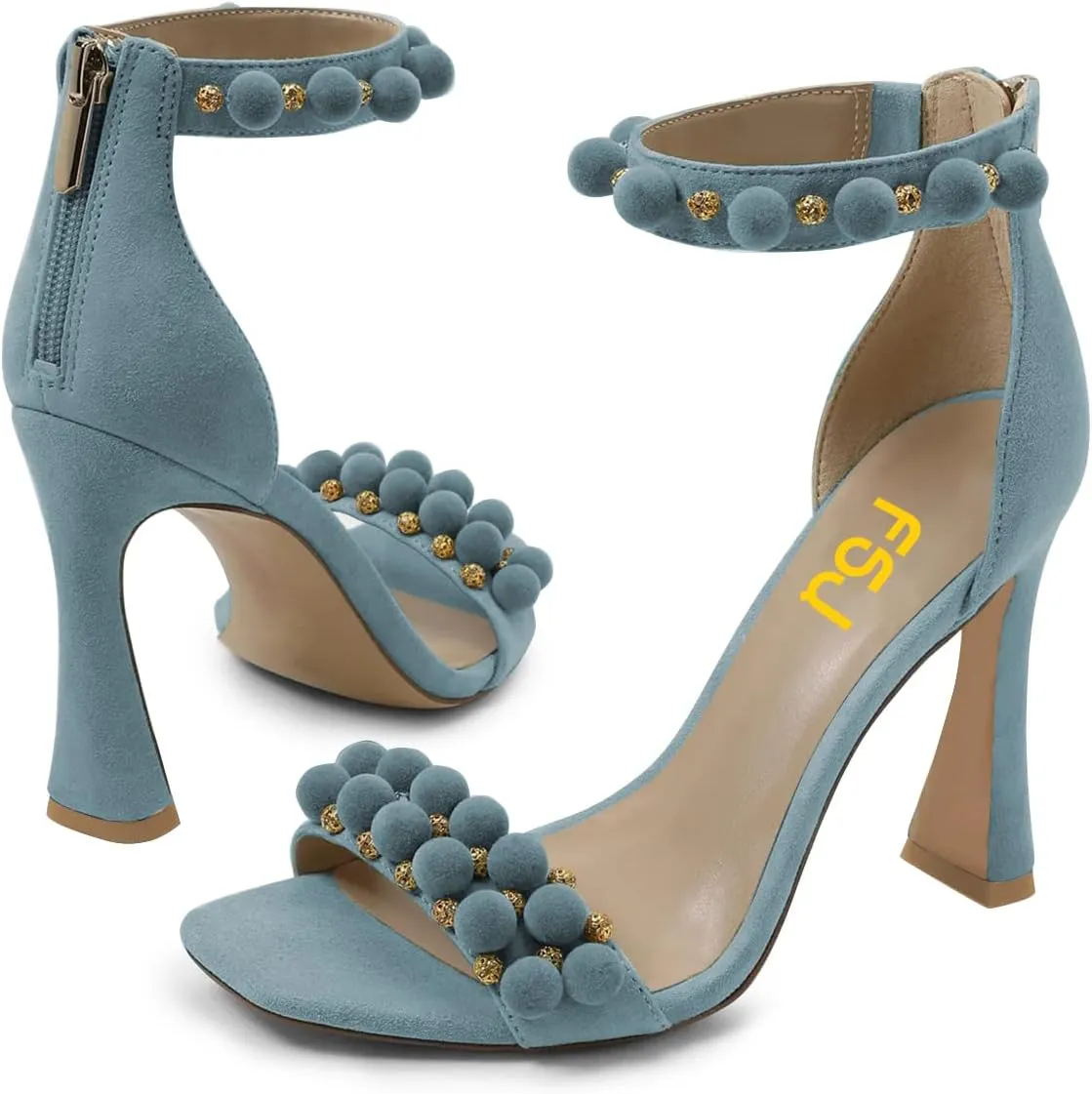FSJ Women Cute Hair Ball Ankle Strap Sandals Open Toe Chunky High Heels Back Zip Daily Party Dress Shoes Size 4-15 US