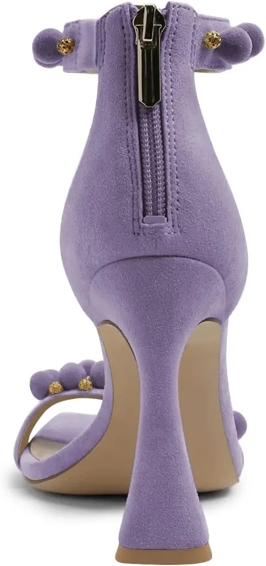 FSJ Women Cute Hair Ball Ankle Strap Sandals Open Toe Chunky High Heels Back Zip Daily Party Dress Shoes Size 4-15 US