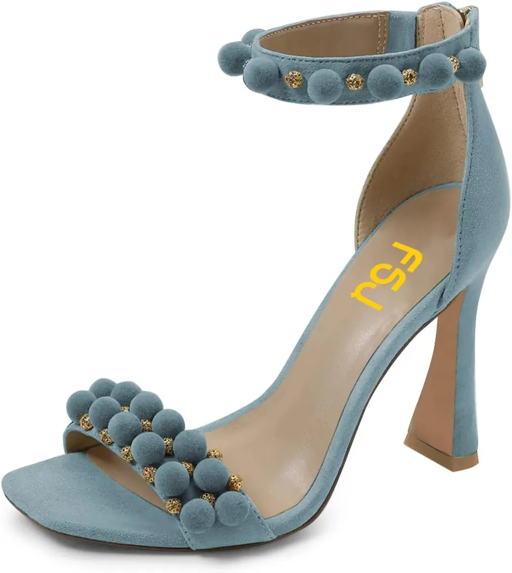 FSJ Women Cute Hair Ball Ankle Strap Sandals Open Toe Chunky High Heels Back Zip Daily Party Dress Shoes Size 4-15 US