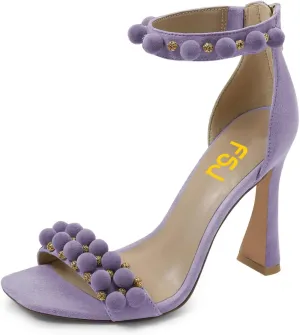 FSJ Women Cute Hair Ball Ankle Strap Sandals Open Toe Chunky High Heels Back Zip Daily Party Dress Shoes Size 4-15 US