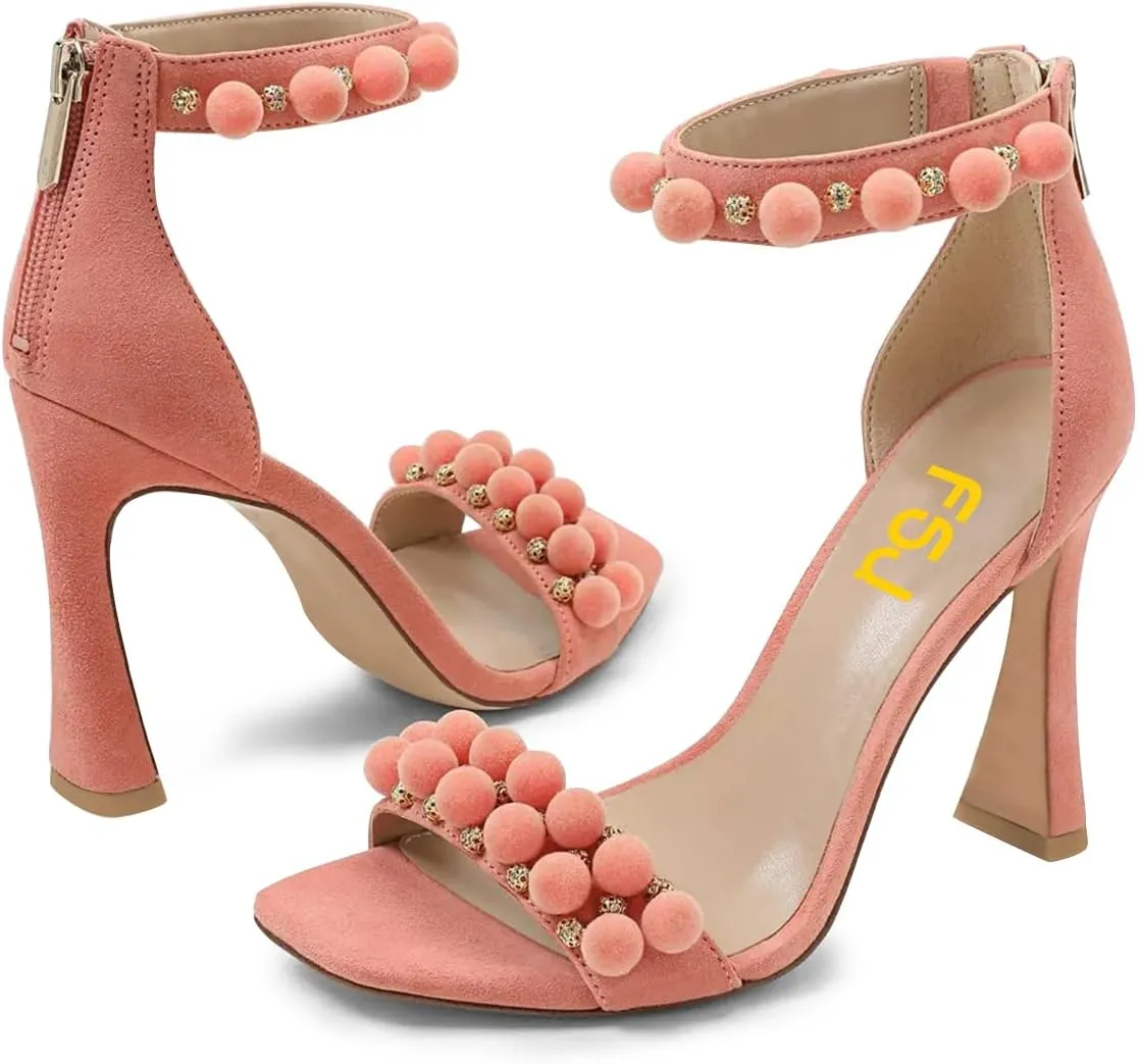 FSJ Women Cute Hair Ball Ankle Strap Sandals Open Toe Chunky High Heels Back Zip Daily Party Dress Shoes Size 4-15 US