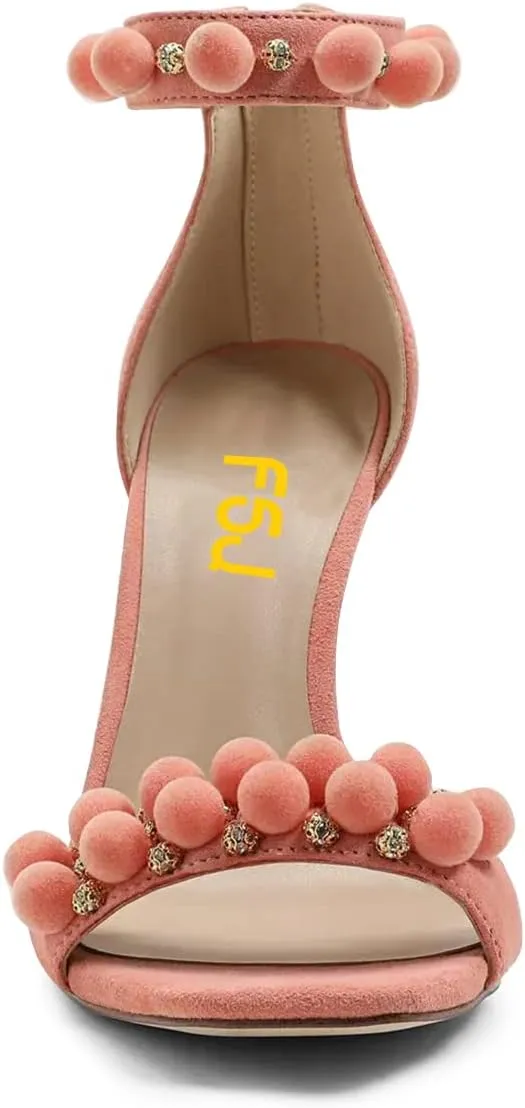 FSJ Women Cute Hair Ball Ankle Strap Sandals Open Toe Chunky High Heels Back Zip Daily Party Dress Shoes Size 4-15 US